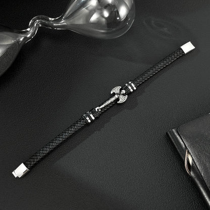 Men’s Axe Pendant Leather Bracelet – Braided Leather Wristband with Stainless & Titanium Steel, Bold Urban Style
