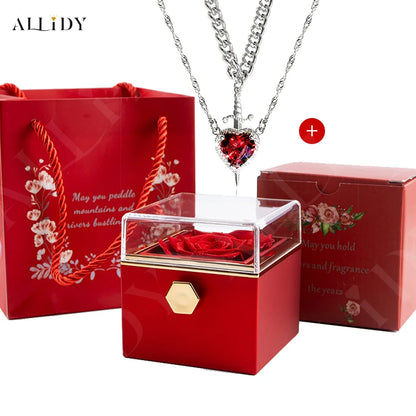 Hot Red Crystal Love Dagger Fashion Pendant Layered French Vintage Necklace with Eternal Rose Jewelry Box Valentine's Day Gift