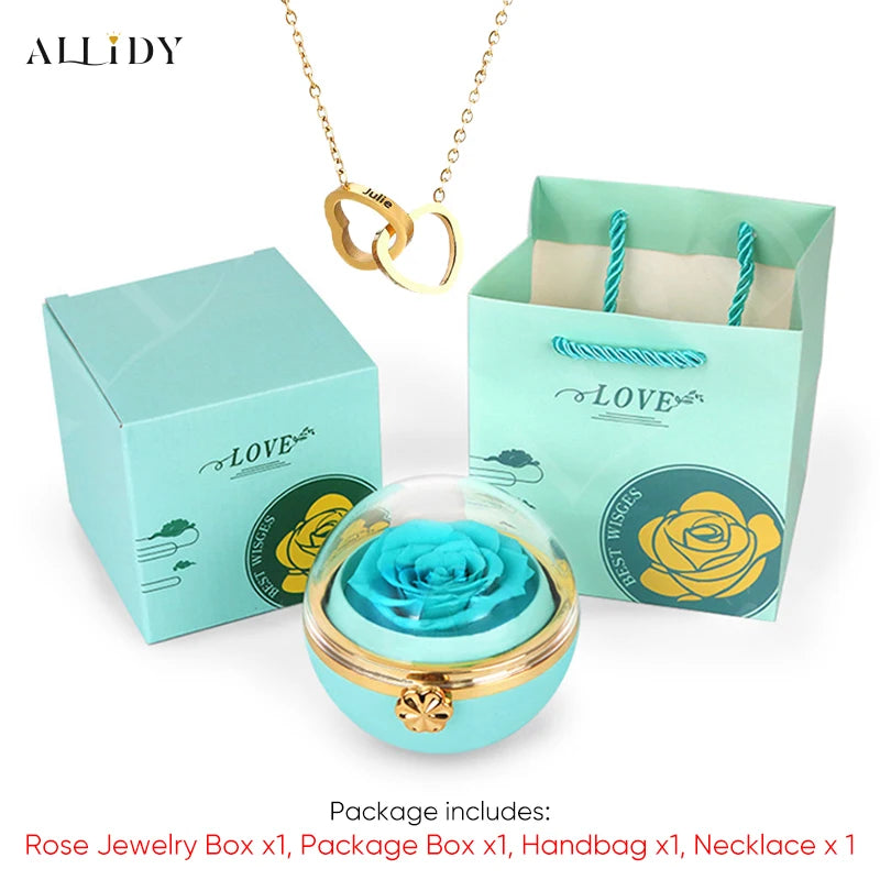 New Surprise Gift Idea Preserved Rose Round Ring or Necklace Jewelry Gift Box with Engraved Name Necklace for Girl Friend Mum