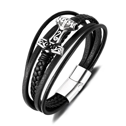 Men’s Vintage Geometric Leather Bracelet – Multi-Layer Braided Wristband with Stainless Steel Accents, Retro European Style