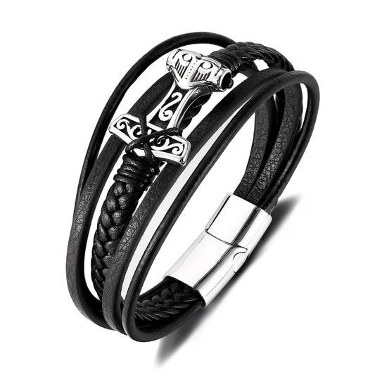 Men’s Vintage Geometric Leather Bracelet – Multi-Layer Braided Wristband with Stainless Steel Accents, Retro European Style