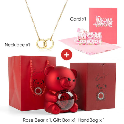 Mother's Day Gift Set Personalized Custom Necklace & Eternal Rose Teddy Bear and Beautiful Card Unique Jewelry Gift for Mom