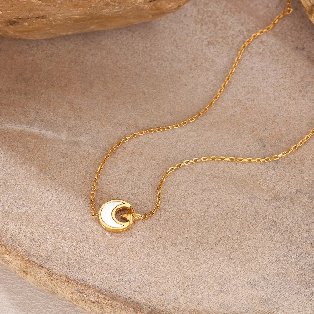Fashion Versatile 4-Pointed Star Shell Moon Necklace for Women - Stylish Stainless Steel Titanium Steel Collarbone Chain Jewelry