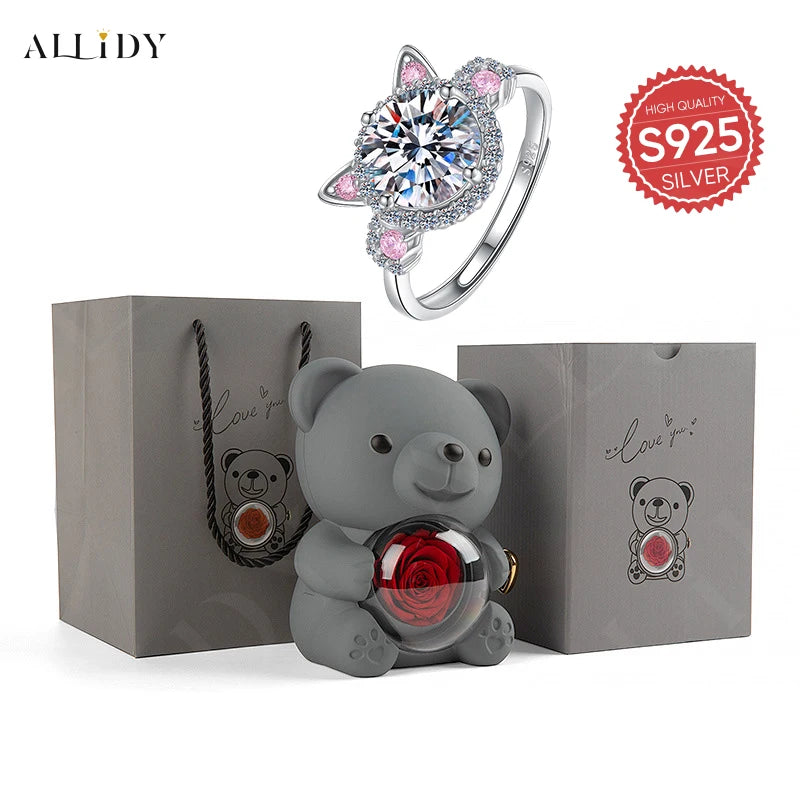 S925 Silver Fashion Cute Pink Cat Zircon Ring with Rose Bear Gift Box Jewelry Set Marriage Proposal Gift for Girlfriend