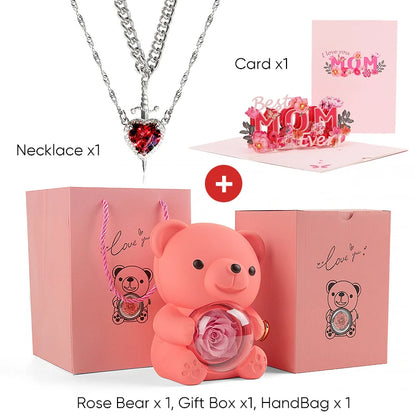 Mother's Day 3D Card Red Zircon Heart and Sword Necklace Double Necklace Real Rose Hug Bear Mothers Day Jewelry Gift Set for Mom