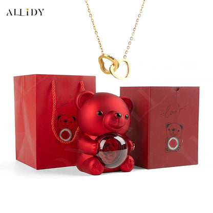 New Christmas Gift Box Blue Real Preserved Eternal Rose Rotating Teddy Bear with Engraved Name Necklace Jewelry Gift Boxes Set