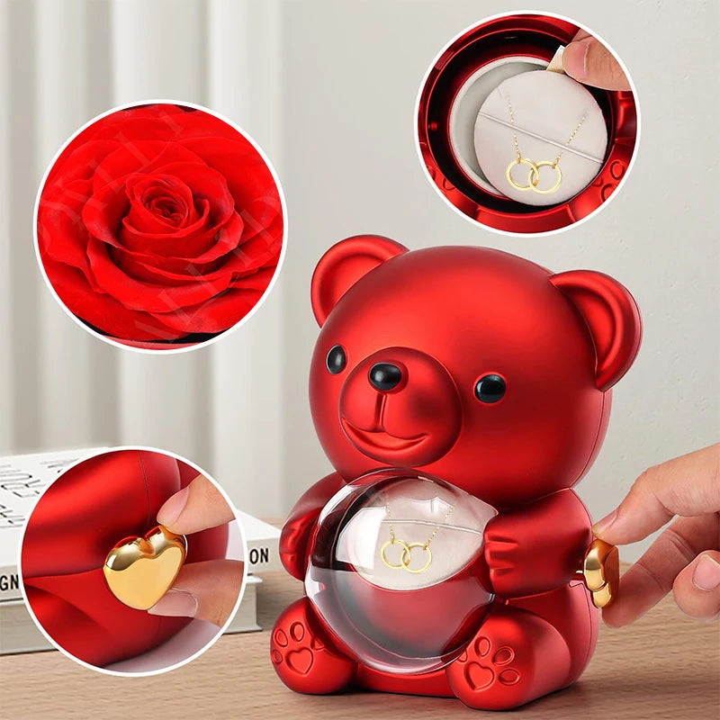 Red Eternal Rose Teddy Bear with Stainless Steel Custom Names Necklace Jewelry Gifts Set for Woman Christmas Gift