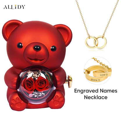 New Double Rose Eternal Rose Teddy Bear Jewelry Box with Custom Engraved Pendant Necklace – Perfect Valentine's Day Gift for Wom