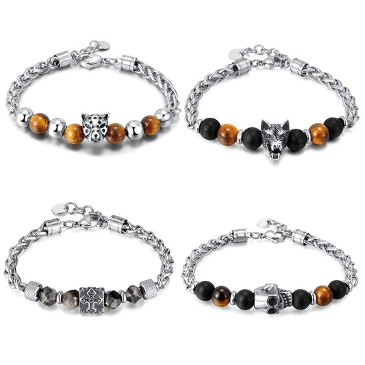 Men’s Stainless Steel Bracelet – Cross Chain with Skull / Wolf / Leopard Head & Tiger Eye Beads, Vintage Style
