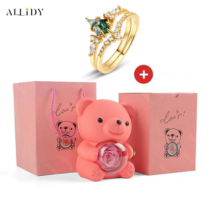 Natural Green Moss Stone Water Grass Agate High Quality Women's Two-piece Wedding Ring Set withReal Rose Bear Jewelry Gifts Set