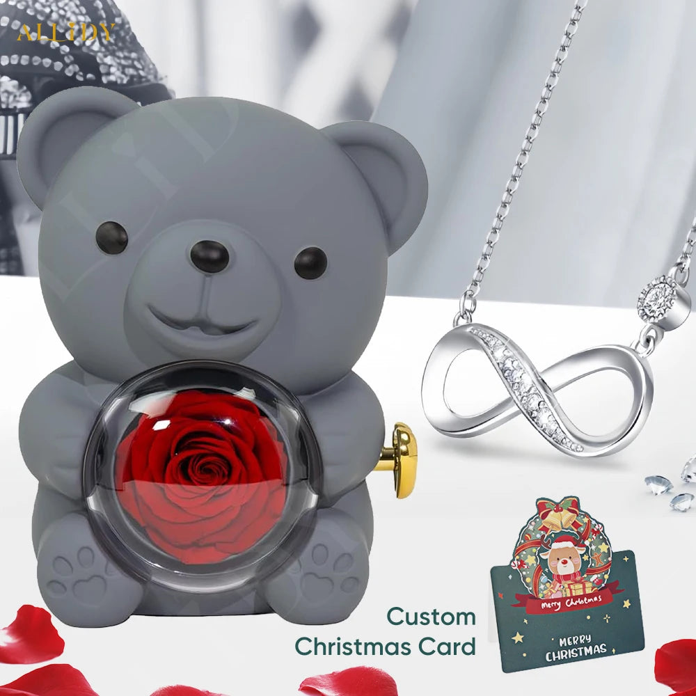 Christmas Gift Real Rose Teddy Bear and 8 Love Necklace with Christmas Birthday Thanks Card Jewelry Gift Set for Girl Women