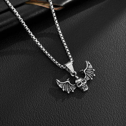 Men’s Punk Skull Pendant Necklace – Gothic Bat Wings Stainless Steel Chain for Streetwear Style