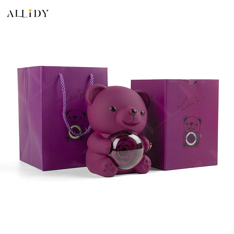 2024New Surprise Gift Ideas Real Preserved Eternal Rose Teddy Bear Necklace Ring Jewelry Box Christmas Valentine's Day Presents