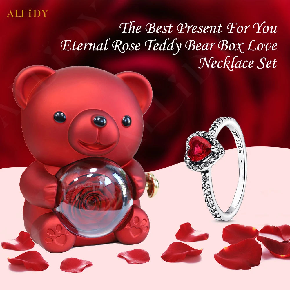 New Eternal Flower Rotating Rose Bear Jewelry Box Exquisite Women Shiny Heart Series Simple Ring Birthday Gift for Family