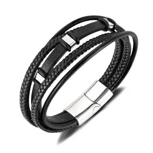 Men’s Multi-Layer Braided Leather Bracelet – Minimalist Stainless & Titanium Steel Wristband, Casual Versatile Style