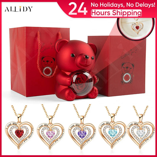 Luxury Red Zircon Pendant Necklaces With Rose Bear Gift Box For Mom Women I Love You Gifts Happy Mothers Day Gift
