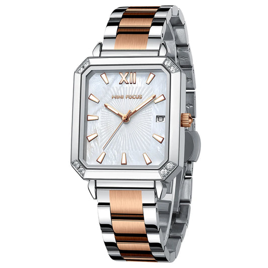 MINIFOCUS Women's Luxury Mini Square Watch Mother-of-Pearl Dial Luminous Stainless Steel Band Fashion Watch Gift for Women