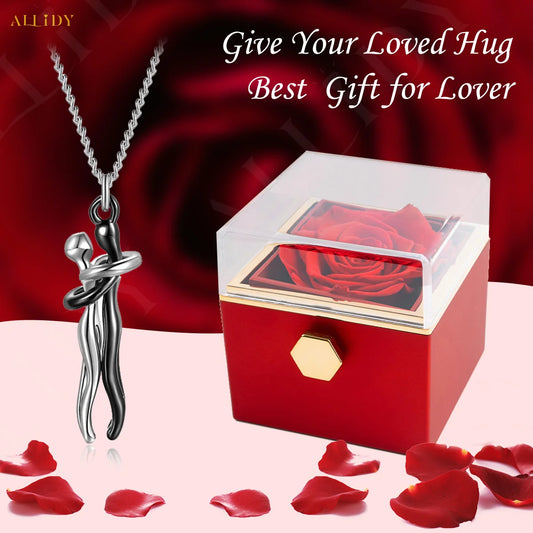 Lover Hug Necklace Black and Silver Color Stainless Steel Metal Necklace with Rose Bear/ Flower Jewelry Box for Girlfriend Lover