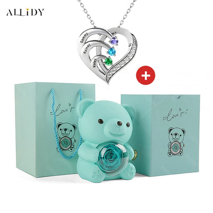 Fashion Personality Custom Engraved Name Heart Necklace and Eternal Rose Teddy Bear Jewelry Gift Box Christmas Valentine Women