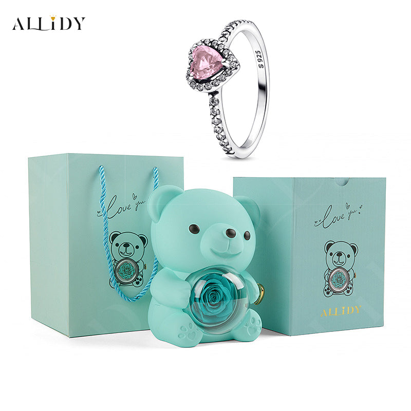 Rose Bear Jewelry Box 925 Silver Heart Series Simple Ring