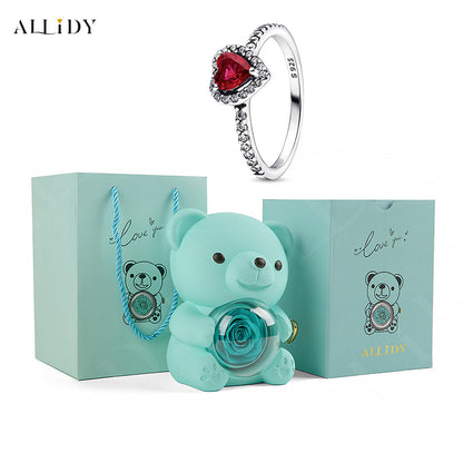 Rose Bear Jewelry Box 925 Silver Heart Series Simple Ring