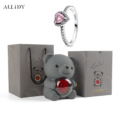 Rose Bear Jewelry Box 925 Silver Heart Series Simple Ring