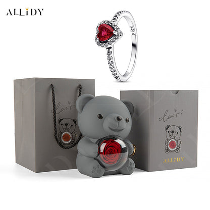 Rose Bear Jewelry Box 925 Silver Heart Series Simple Ring