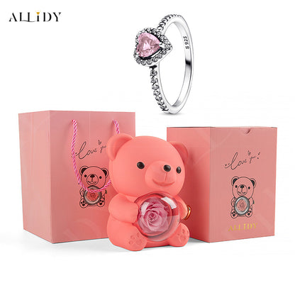 Rose Bear Jewelry Box 925 Silver Heart Series Simple Ring