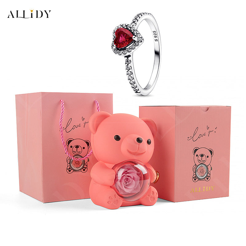 Rose Bear Jewelry Box 925 Silver Heart Series Simple Ring