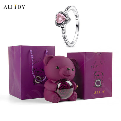 Rose Bear Jewelry Box 925 Silver Heart Series Simple Ring