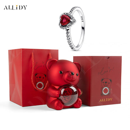 Rose Bear Jewelry Box 925 Silver Heart Series Simple Ring