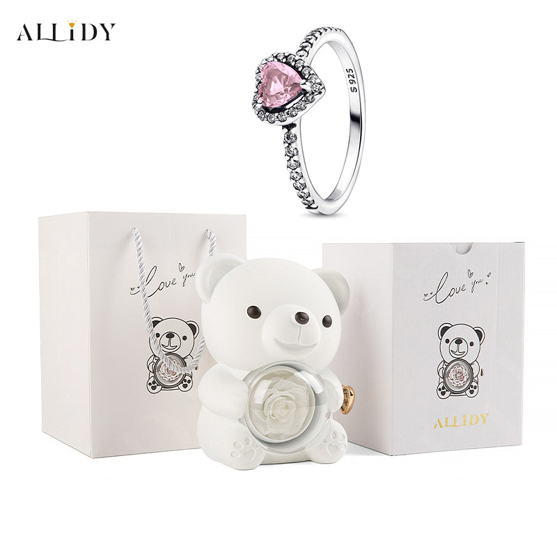 Rose Bear Jewelry Box 925 Silver Heart Series Simple Ring