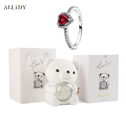 Rose Bear Jewelry Box 925 Silver Heart Series Simple Ring