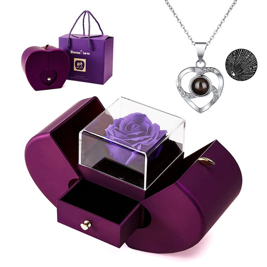Mother’s Day Jewelry Gift Set – 100 Languages I Love You Projection Heart Necklace with Eternal Apple Flower Gift Box for Mom