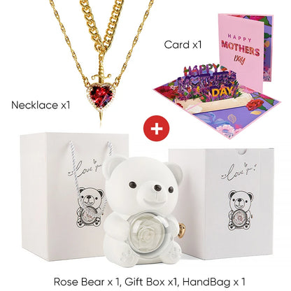 Mother's Day 3D Card Red Zircon Heart and Sword Necklace Double Necklace Real Rose Hug Bear Mothers Day Jewelry Gift Set for Mom