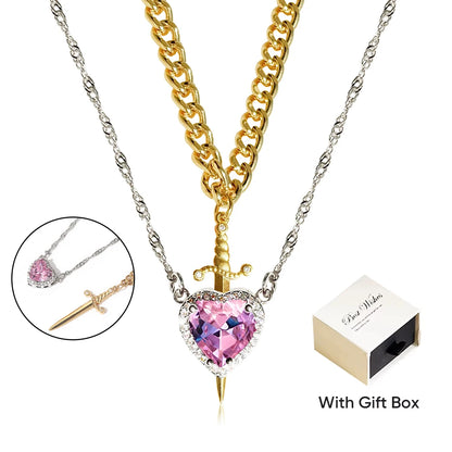Heart and Sword Zircon Crystal Necklace 2pcs Women New Fashion Double Chain Pendant Female Mother's Day Gifts for Mom/Women
