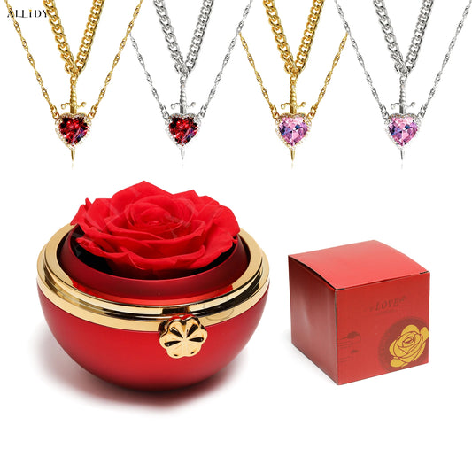 Valentine's Day gift Red Crystal Love Dagger Layered Necklace Red Pink Gold Silver with Real Preserved Rose Jewelry Gift Box Set