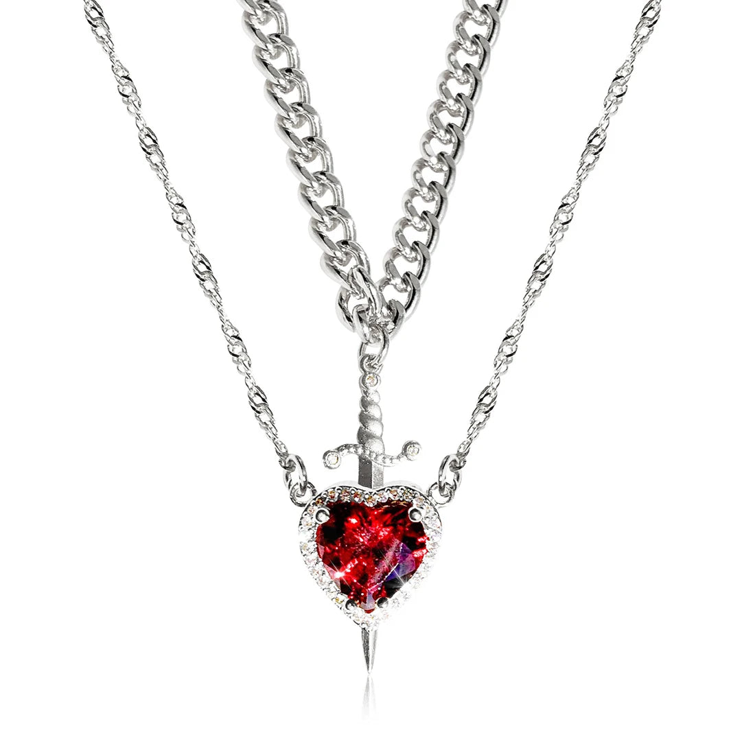 2PC Gothic Punk One Arrow Through The Heart Creative Two Color Couple Necklace Red Rhinestone Heart Dagger Necklace Friend Gift