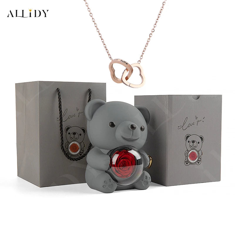 Real Preserved Eternal Rose Teddy/Hugging Bear with Engraved Name Necklace Jewelry Gift Box Christmas Valentine's Day Birthday