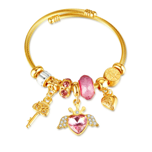 Adjustable Stainless Steel Bracelet for Women – Angel Wing and Heart Key Charm