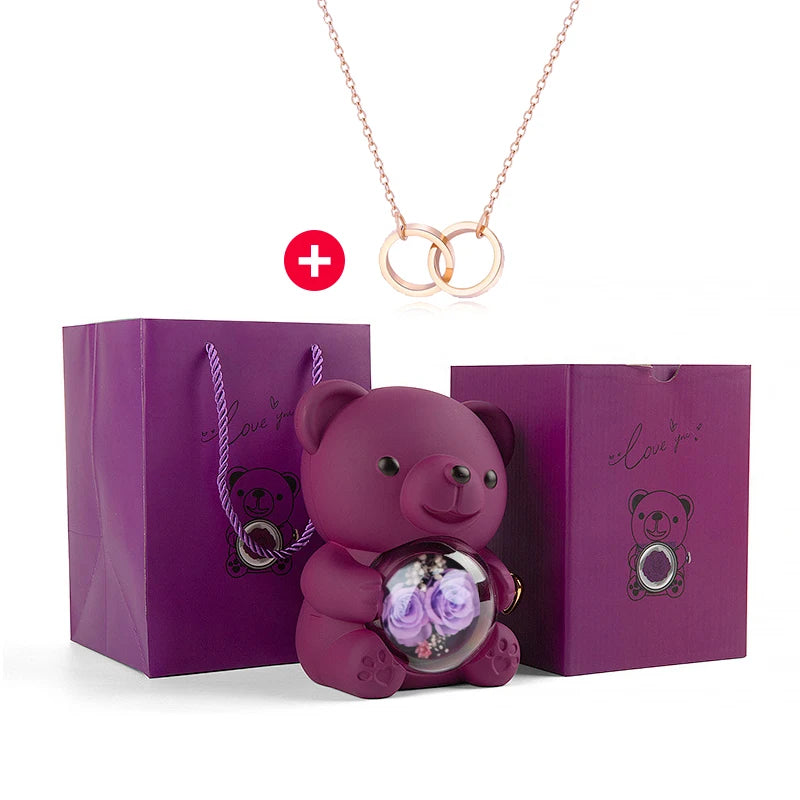 New Double Rose Eternal Rose Teddy Bear Jewelry Box with Custom Engraved Pendant Necklace – Perfect Valentine's Day Gift for Wom