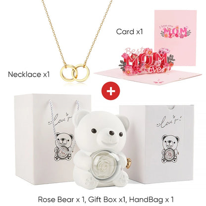 Mother's Day Gift Set Personalized Custom Necklace & Eternal Rose Teddy Bear and Beautiful Card Unique Jewelry Gift for Mom