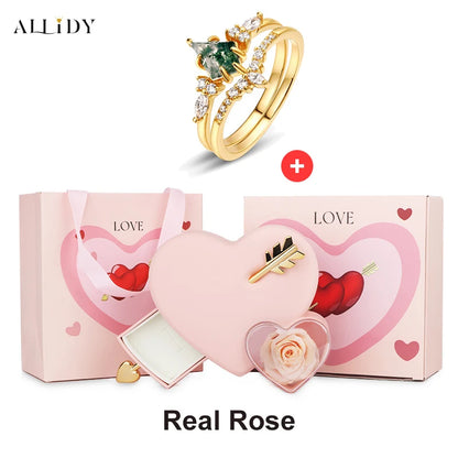 Green Moss Stone Stainless Steel Two-piece Ring Set with Creative Rose Drawer Jewelry Box Proposal Declaration Wedding Gifts Box