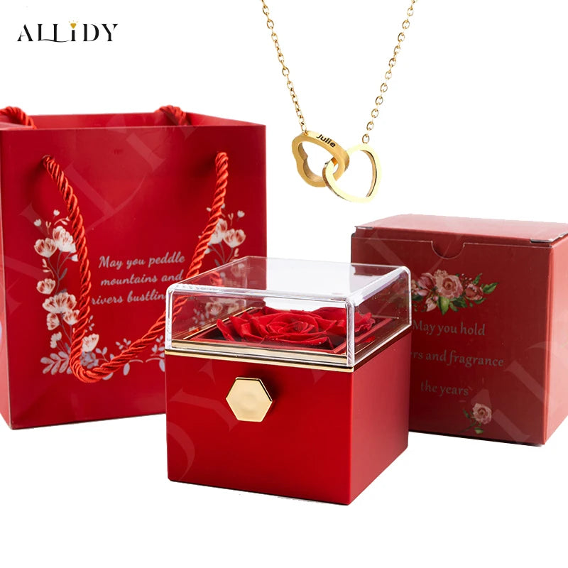 Custom Double Heart engraved Name Steel Necklace Eternal Rose box for Women Creative Surprise Confession Proposal Gifts