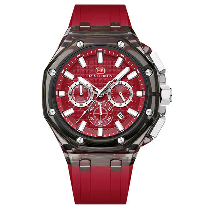 MINIFOCUS Trendy Mens Watch Ultra Lightweight Octagonal Transparent Case Multifunction Quartz Luminous Fashion Sport Watch