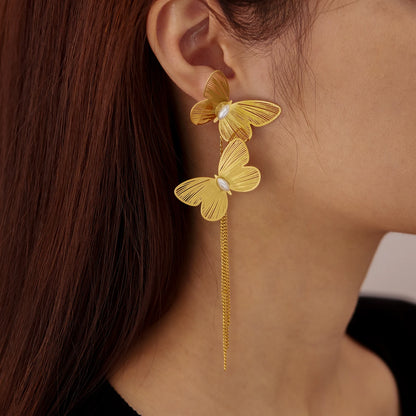 Luxury French Style Butterfly Tassel Earrings for Women – Bold Stainless Steel Titanium Statement Jewelry