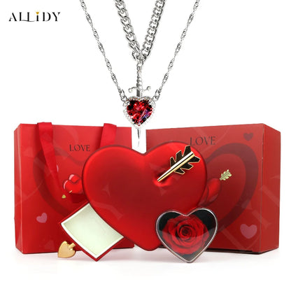 Gothic Romance Valentine's Day Necklace Red Crystal Love Dagger Necklace Couple Chain Pendant Punk Choker Rose Jewelry Gifts Box
