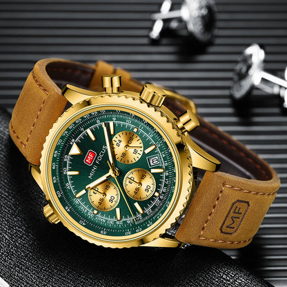 MINIFOCUS Mens Multifunction Quartz Watch Aviation Chronograph Genuine Leather Strap Water Resistant Luminous Fashion Casual