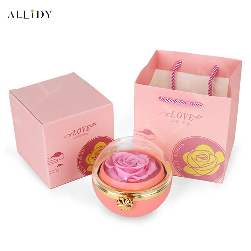 New Surprise Gift Idea Preserved Rose Round Ring or Necklace Jewelry Gift Box for Girl Friend Mum