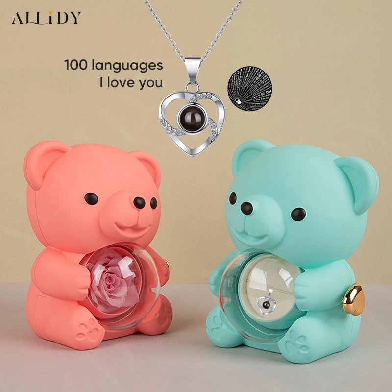 Eternal Rose Teddy Bear Gifts Box with Necklace Rotate Rose Jewelry Box Valentine Wedding Storage Gift Case for Women Girlfriend